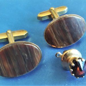 Vintage Tiger Eye CUFFLINKS with matching Tie Pin